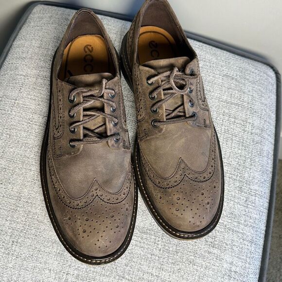 Ecco Mens Sz 41 Lhasa Brogue Wing Tip Leather Oxfords Coffee Brown Casual Shoes-